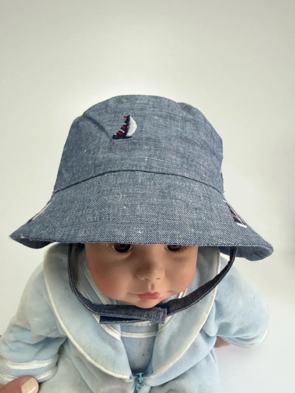 Janie - Jack Chambray Baby Bucket Hat Embroidered Sails Ships 6-12mo New